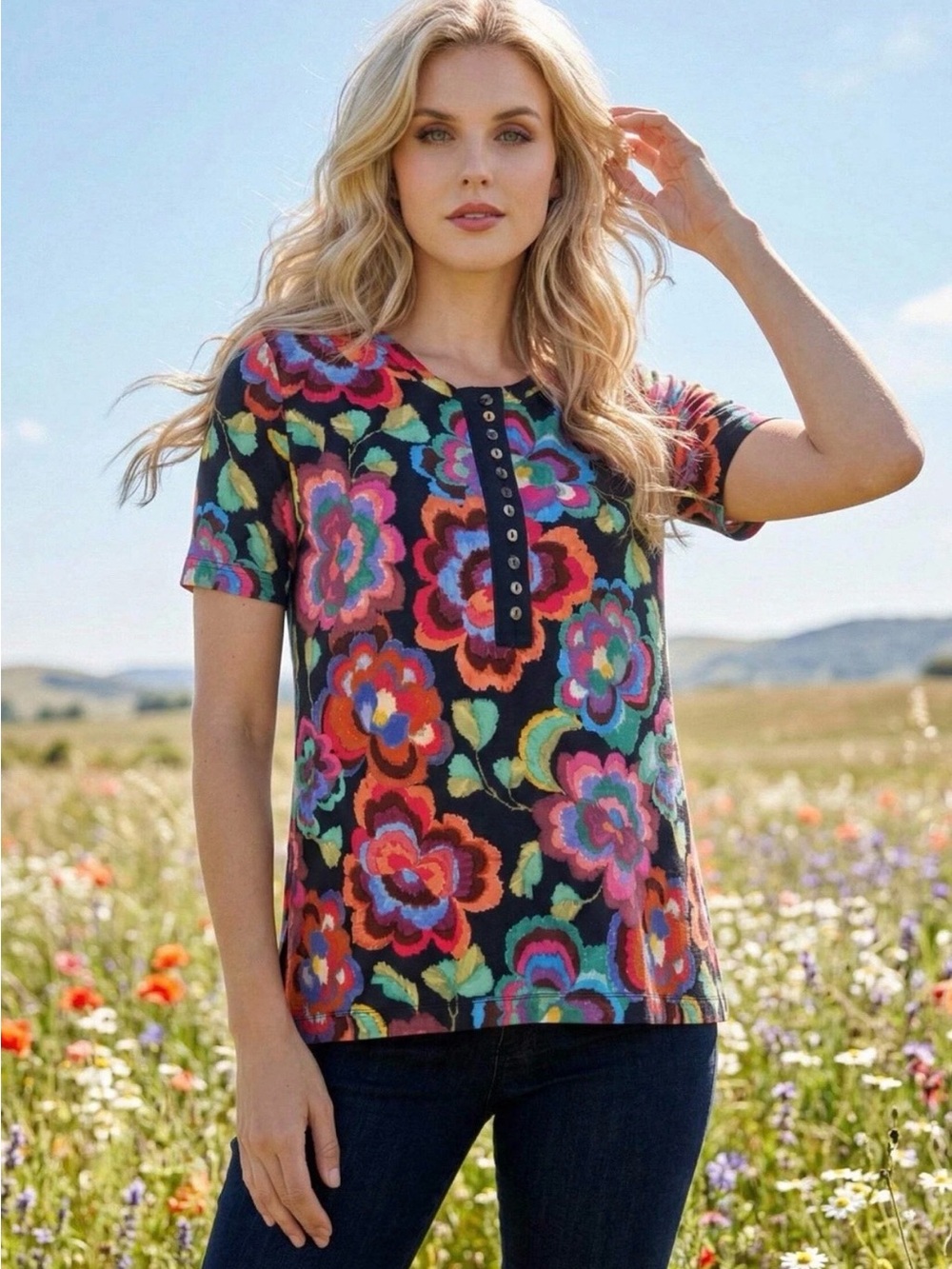 Johnny Was Black Short-Sleeve Floral Henley Top